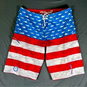 Pelagic Blue and Red Shark Pattern Board Shorts